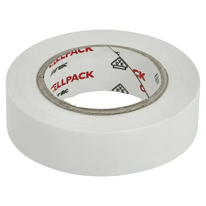 PVC-Isolierband - Weiß, 10 m, 15 x 0,15 mm - Nahaufnahme einer Rolle Cellpack-Isolierband, ideal für elektrische Installationen und Reparaturen.