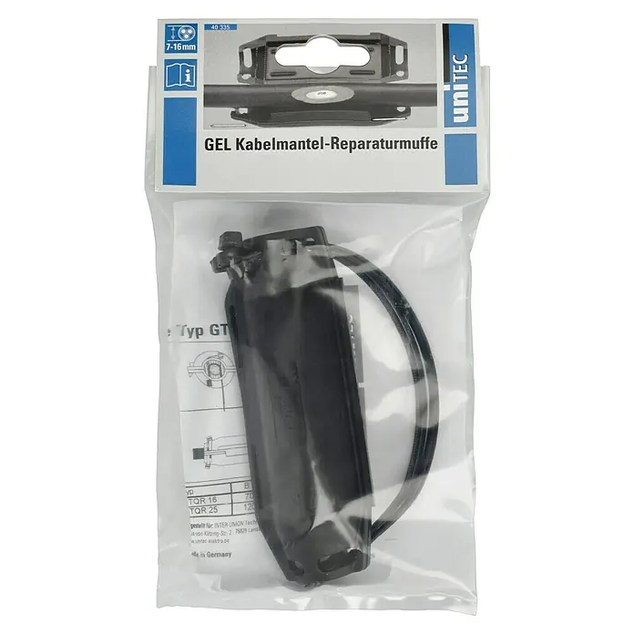 Gelmuffe - Passend für: Kabel 7-16 mm² - Eine Gel-Kabelmantel-Reparaturmuffe von Unitec in einer transparenten Verpackung. Das Produkt ist für Kabelreparaturen und Abdichtungen konzipiert.