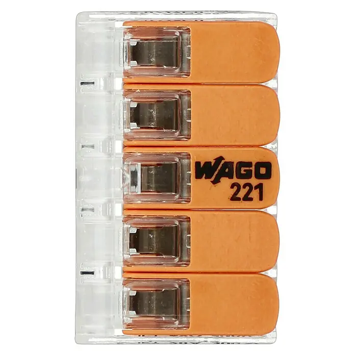 RayTech Gelmuffe Nano 5 - Schwarz, 1 Stk., IPX8 - Nahaufnahme von WAGO 221-Hebelklemmen. Die Klemmen sind orange und transparent und für die elektrische Installation konzipiert.