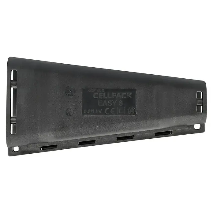 Cellpack Gelmuffe - Geeignet für: Max. 5 x 6 mm² - Das Bild zeigt einen schwarzen BBC Cellpack Easy 6 Kabelverteiler, der für elektrische Installationen verwendet wird. Seine kompakte Bauweise ist hervorstechend.