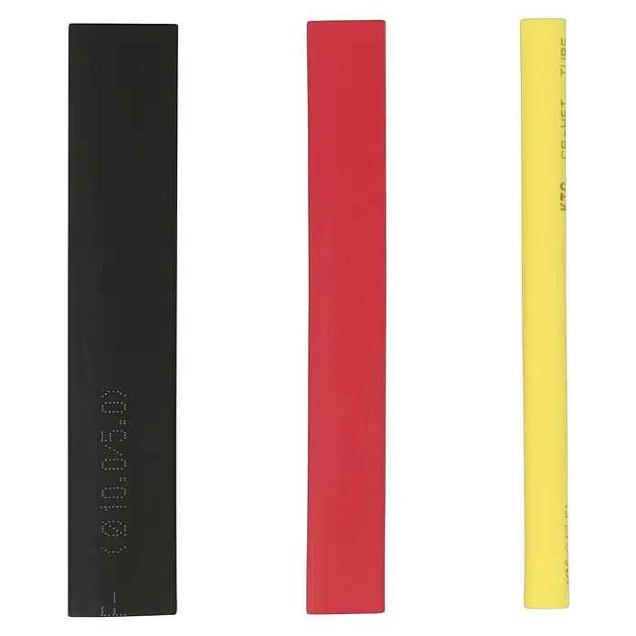 Schrumpfschlauch-Set - Durchmesser: 5 mm - 10 mm, 30 Stk., Gelb, Rot, Schwarz - Nahaufnahme von drei Stücken Schrumpfschlauch in Schwarz, Rot und Gelb, die häufig zum Isolieren und Schützen von Kabelverbindungen verwendet werden.