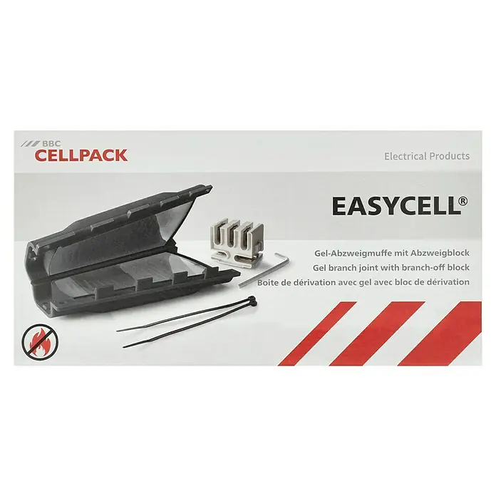 Cellpack Gelmuffe - Geeignet für: Max. 5 x 6 mm² - Produktverpackung für EASYCELL® Gel-Abzweigmuffe mit Abzweigblock, ein Produkt für Elektroinstallationen.