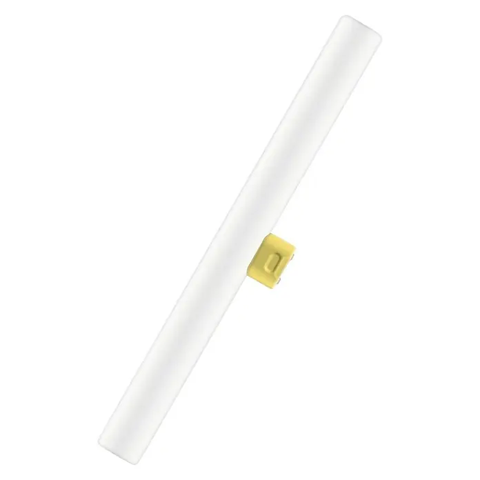 Osram Linienlampe LEDinestra - Länge: 300 mm, Warmweiß, 6 W, 250 lm, S14d - Nahaufnahme eines weißen Stabes mit einem kleinen gelben Clip in der Mitte, ein einfaches, aber essentielles Design.