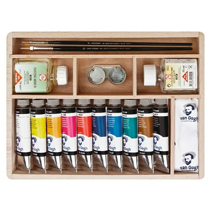 Talens Van Gogh Set de pinturas al óleo Basic - Multicolor, 10 ud. x 40 ml, Tubo - Caja de madera con pinturas al óleo Van Gogh, pinceles, medio para pintar y aguarrás para artistas.