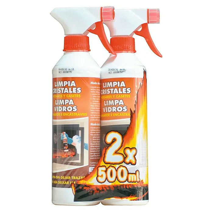 Limpia cristales de chimenea - 2 ud. - Dos botellas de limpiacristales para chimeneas con un pulverizador, prometiendo una limpieza sin rayas para superficies de cristal.