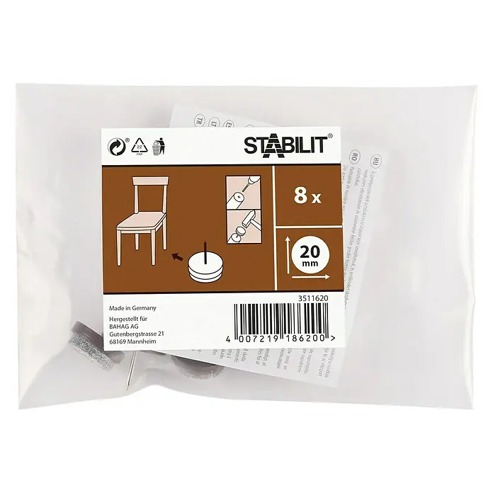 Stabilit Protector para muebles - Diámetro: 20 mm, Redonda, 8 ud., Marrón - Imagen de un producto Stabilit: 8 protectores para muebles, 20 mm, para una fácil instalación en sillas para proteger los pisos de los arañazos.