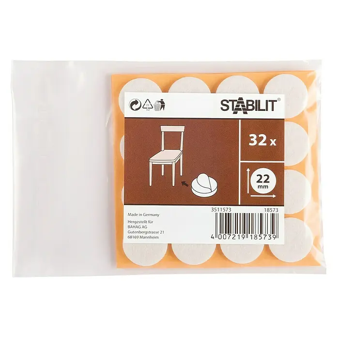 Stabilit Filzgleiter22 mm, 32 Stk., Weiß, Kleben - Packung Stabilit Möbelgleiter, 32 Stück, Durchmesser 22 mm, zum Schutz von Böden vor Kratzern durch Möbel.