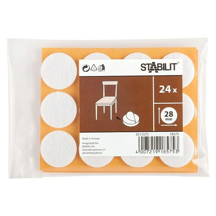 Stabilit Protector para muebles - Diámetro: 28 mm, Redonda, 24 ud. - Almohadillas de fieltro Stabilit, 24 unidades, 28 mm de diámetro, para proteger muebles y pisos de rayones y daños.