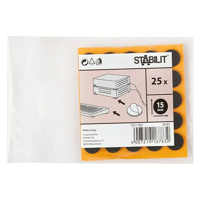 Stabilit Protector para muebles - Diámetro: 15 mm - Imagen de un paquete de deslizadores para muebles STABILIT con 25 unidades, diámetro de 15 mm. Ideal para proteger muebles y suelos.