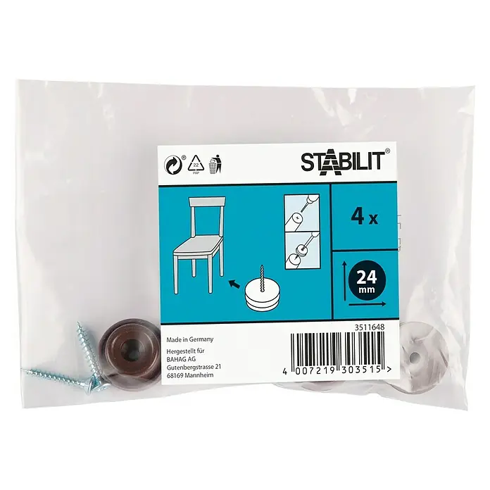 Stabilit Rutsch- & Lärmstopper - Ø x H: 24 x 10 mm, Mit Schraube, Braun - Bild einer Packung Stabilit Möbelgleiter mit Schrauben, 24 mm Durchmesser, vier Stück, verpackt in Folie mit Produktinformationen.