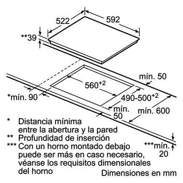 Balay Placa de cocción vitrocerámica 3EB715LR - Número de fogones estándar: 3 ud., 5,7 kW, Vidrio - Ilustración de un dibujo de instalación de una placa de cocina con dimensiones para la instalación.
