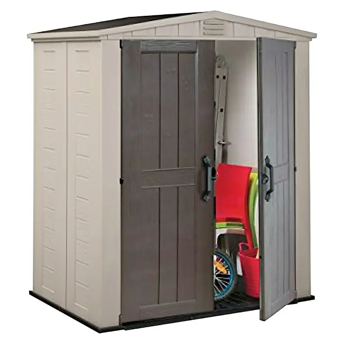 Keter Caseta de jardín Factor 6X3 - Beige/Marrón, Plástico, Área: 2,02 m² - Amplio cobertizo de jardín beige y marrón con puertas abiertas que revelan una escalera, sillas, un cubo y una bicicleta en su interior.