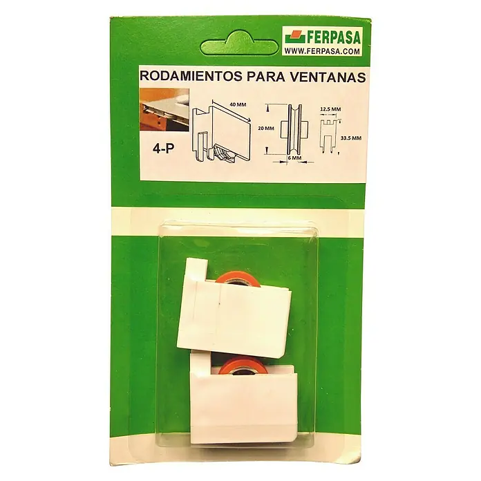 Cojinete de bolas 4-P - Diámetro: 20 mm, Ancho: 12,5 mm - Rodamientos para ventanas FERPASA, modelo 4-P, empaquetados para un deslizamiento suave. Los rodamientos son blancos con cojinetes naranjas.
