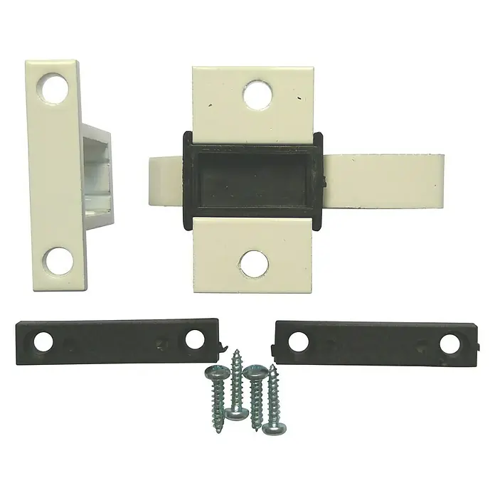 Cierre de seguridad para ventanas - Blanco - Componentes de cierre de ventana con tornillos, ideal para una fijación segura. Construcción robusta para seguridad fiable.