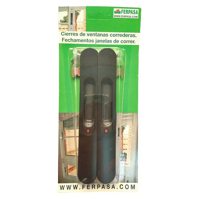 Cerradura para puertas y ventanas 81072 - Negro - Embalaje con cierres de ventanas correderas FERPASA. Los cierres son negros y embalados en un embalaje verde.