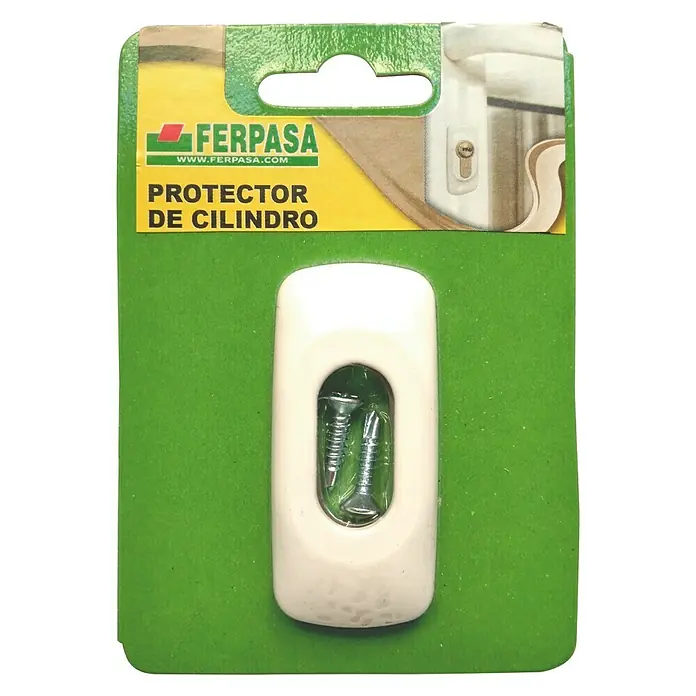 Escudo para cerraduras Ovalado - Blanco - Primer plano de un kit protector de cilindro FERPASA, que consta de una cubierta y tornillos de montaje, mostrado sobre cartón verde.