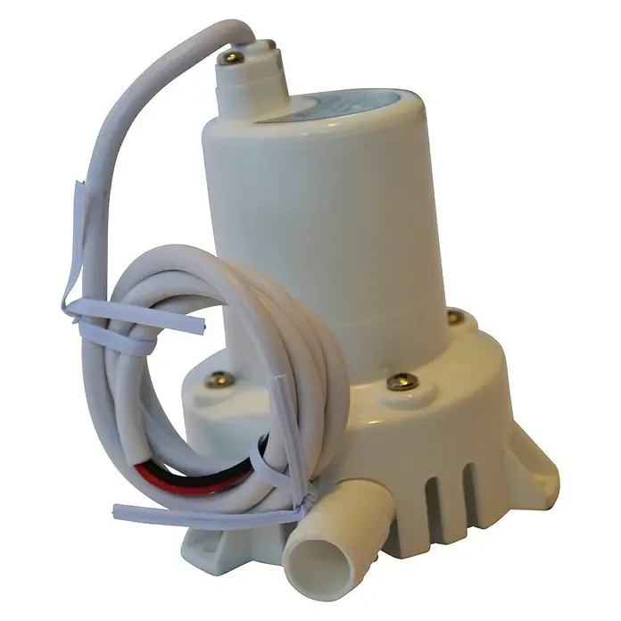 Bomba de achique sumergible - Capacidad de bombeo máx.: 2.300 l/h, Consumo de corriente: 4 A - Una bomba sumergible blanca con bridas que sujetan bien el cable. Perfecto para acuarios y fuentes.