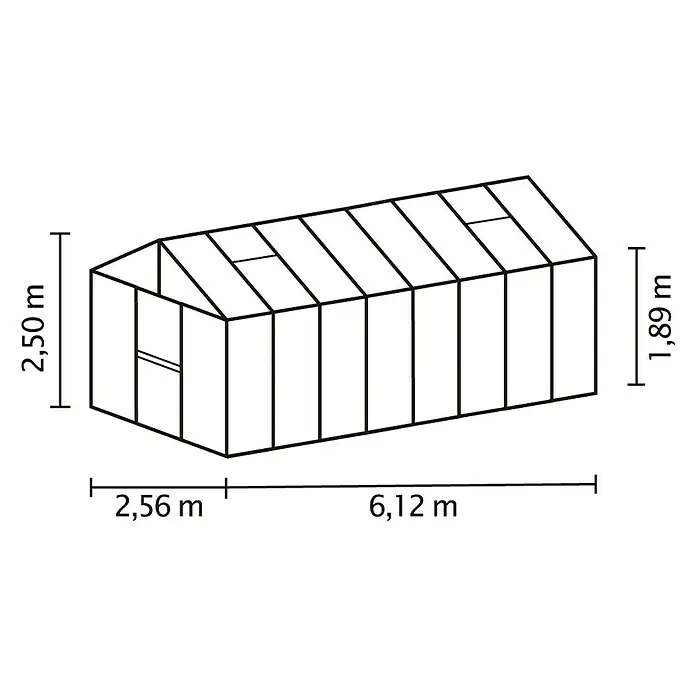 Vitavia Gewächshaus Zeus 15700 Plus - Außenmaß inkl. Dachüberstand (B x T): 256 x 614 cm, 16 mm, Aluminium - Abbildung eines Gewächshauses mit Abmessungen in Metern, das die Höhe, Breite und Länge des Produkts anzeigt.