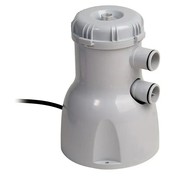 Filtro de cartucho pequeño - Específico para piscinas: 8.000 l, 1.135 l/h - Primer plano de una bomba de filtro de piscina gris, con un cable de alimentación y puertos de entrada/salida.
