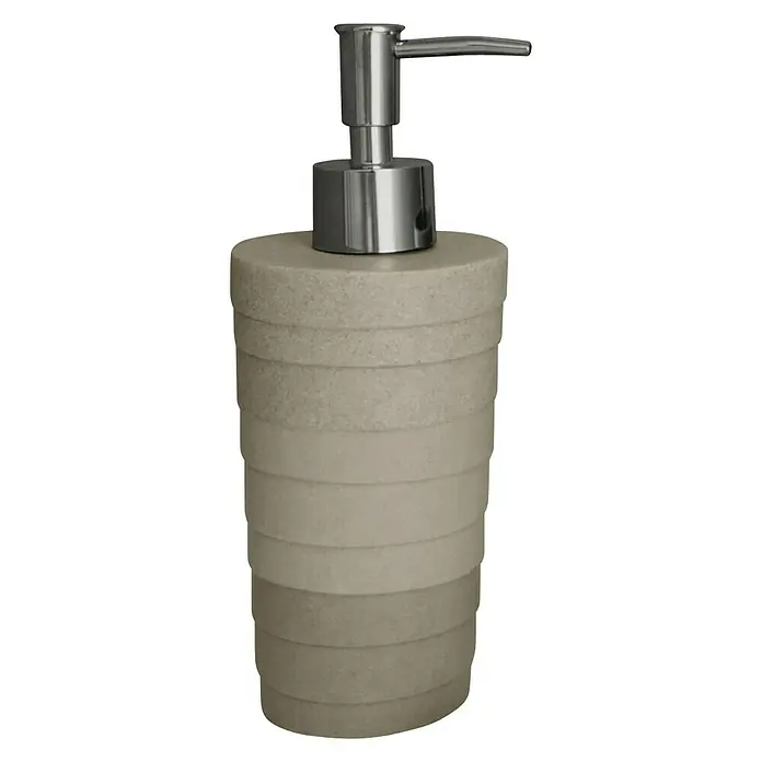 Aquasanit Layer Dispensador de jabón - L x An x Al: 75 x 75 x 19 cm, Plástico, Marrón - Elegante dispensador de jabón con un recipiente beige escalonado y un cabezal de bomba plateado brillante. Perfecto para baños con estilo.