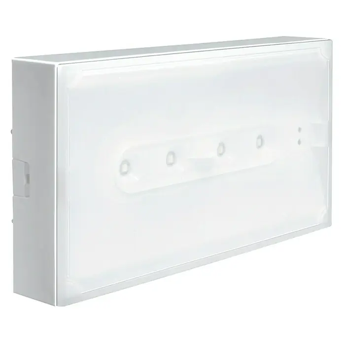 Legrand Luz de emergencia Ura 21 NP 70 - L x An x Al: 5,7 x 29,1 x 15 cm - Primer plano de una luz de emergencia LED blanca, ideal para iluminación de seguridad en entornos comerciales o públicos.