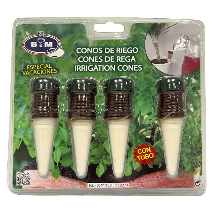 Sistema de irrigación con tubo - Plástico, 4 pzs. - Los conos de riego de S&M en un paquete de cuatro aseguran el riego óptimo de tus plantas durante tu ausencia. ¡Ideal para las vacaciones!