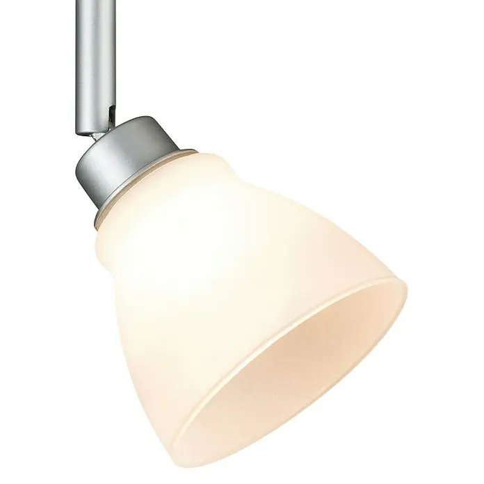 Paulmann DecoSystems Lampenschirm Wolbi - Durchmesser: 9 cm, Weiß, Glas, Rund - Nahaufnahme einer modernen Deckenleuchte mit einem Lampenschirm aus mattiertem Glas und einer eleganten silbernen Halterung.