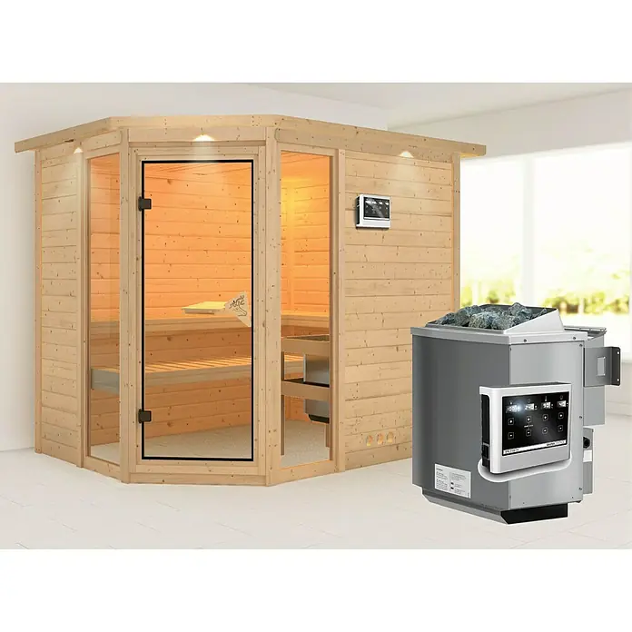 Karibu Massivholzsauna Sinai 3 - Mit 9 kW Bio-Ofen mit externer Steuerung, Mit Dachkranz und Beleuchtung, L x B x H: 264 x 198 x 200 cm - Eine moderne Sauna mit Holzwänden, Glastür und einem elektronischen Saunaofen mit Steinen für ein entspannendes Wellnesserlebnis.