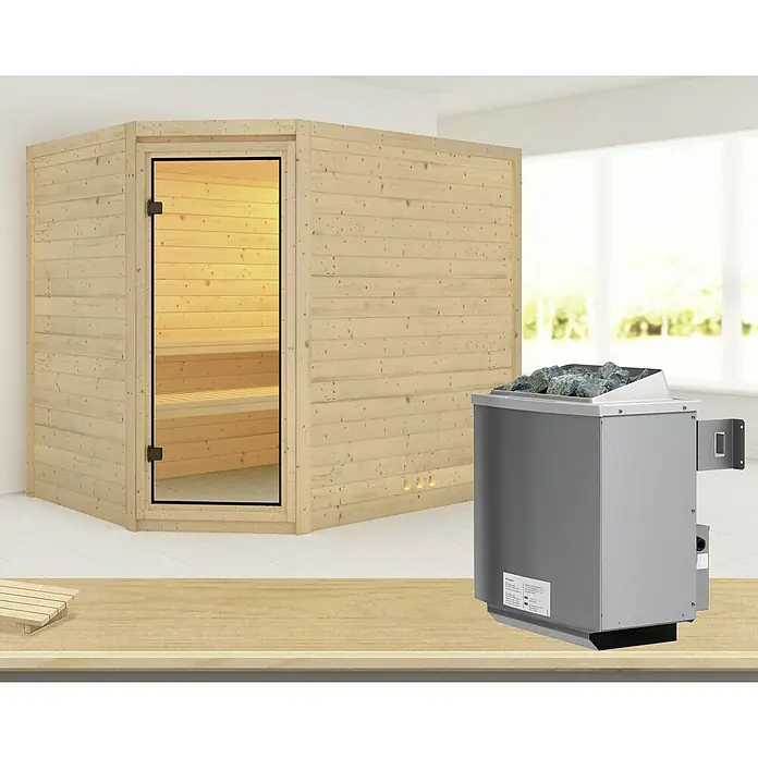 Karibu Massivholzsauna Tanami - Mit 9 kW Ofen mit integrierter Steuerung, Ohne Dachkranz, L x B x H: 231 x 196 x 192 cm - Bild einer Heimsauna mit Holzwänden, Glastür und einem Saunaofen mit Steinen, ideal für Wellness zu Hause.