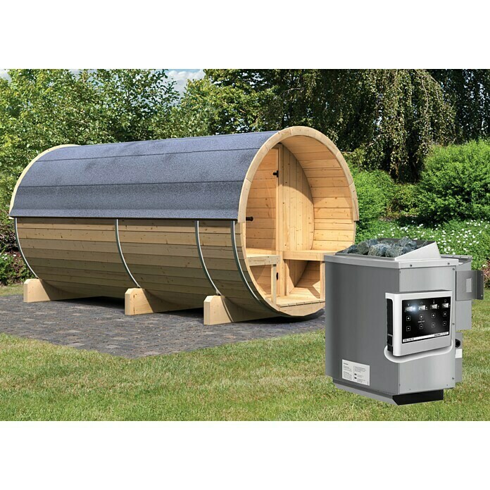 Karibu Fasssauna 4Mit Sauna Bio-Ofen 9 kW inkl. Steuerung Easy, Außenmaß: 205 x 335 x 216 cm Front View