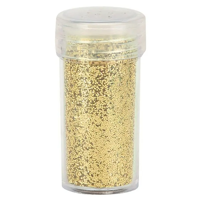 Glorex Deko-Effekt-Flitter - Gold, 14 ml - Nahaufnahme eines Behälters mit goldenem Glitzer, der sich perfekt für Bastelarbeiten oder festliche Dekorationen eignet.