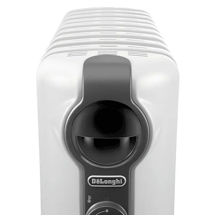 De'Longhi Radiador de aceite Radia S - 2.000 W, Blanco, L x An x Al: 16 x 44 x 65 cm - Primer plano de un radiador de aceite DeLonghi blanco, que muestra sus controles y diseño elegante.