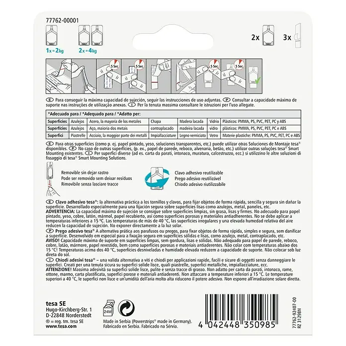 Tesa Clavo adhesivo - Blanco, Carga soportada: 2 kg, 2 ud., Azulejos - Clavo adhesivo Tesa: la alternativa inteligente al martillo y al clavo. Reutilizable y apto para superficies como azulejos, metal.