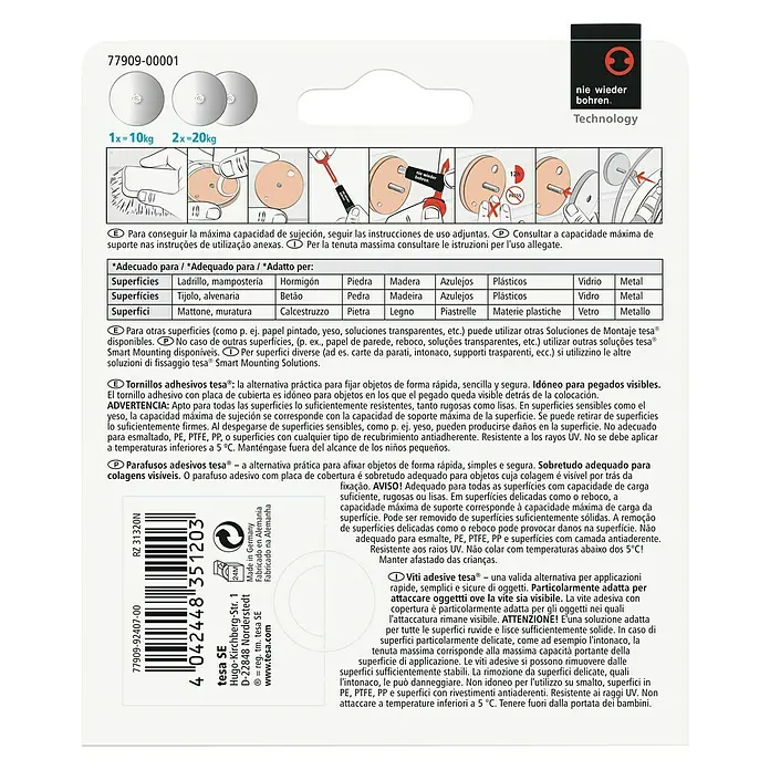 Tesa Tornillo adhesivo - Redonda, Carga soportada: 10 kg, 2 ud. - Tornillos adhesivos Tesa: solución de montaje segura y fácil para diversas superficies, ideal para aplicaciones visibles.