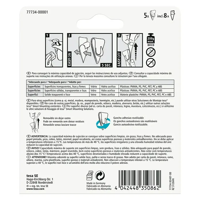 Tesa Colgador adhesivo - Transparente, Carga soportada: 0,2 kg, 5 ud. - Embalaje de ganchos adhesivos Tesa: Contiene cinco ganchos y ocho tiras, reutilizable para superficies hasta 200g.