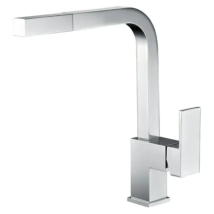 Imex Grifo de cocina Constanza - Cromo, Resplandeciente - Un elegante grifo cromado cuadrado para un baño moderno. El grifo presenta un diseño minimalista y una superficie brillante y pulida.