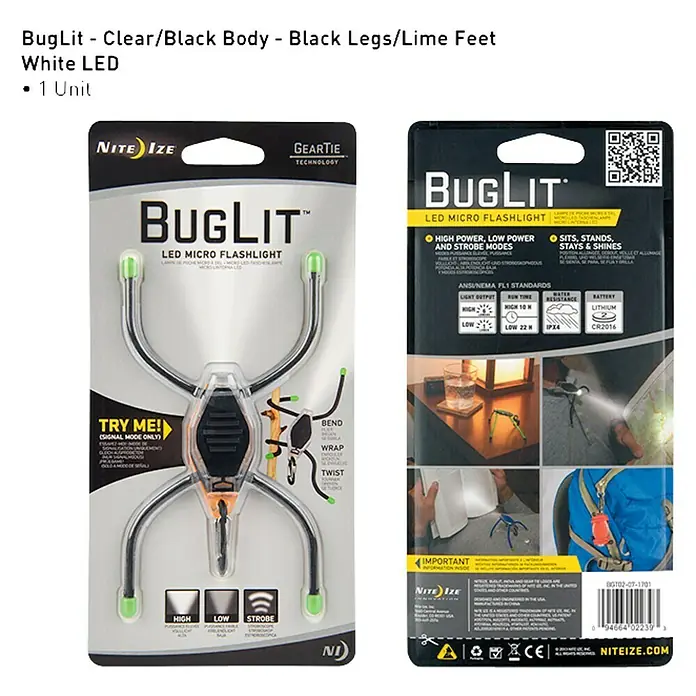 Nite Ize Linterna Buglit - Rojo - Imagen del producto BugLit - Cuerpo transparente/negro - Patas negras/pies lima LED blanco, una luz LED compacta y versátil con patas flexibles.
