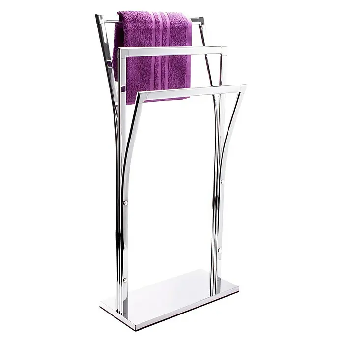 MSV Toallero de barra Pili - L x An x Al: 185 x 41 x 87 cm, Metal, Cromo - Toallero con una toalla morada. Diseño cromado elegante para baños o aseos, perfecto para guardar toallas.
