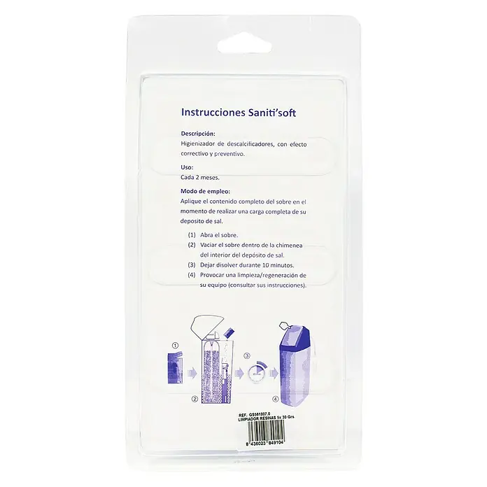 Bb agua Limpiador de resinas - 2 ud. - Imagen de las instrucciones de desinfección del descalcificador Saniti'soft. Limpiador con efecto correctivo y preventivo.