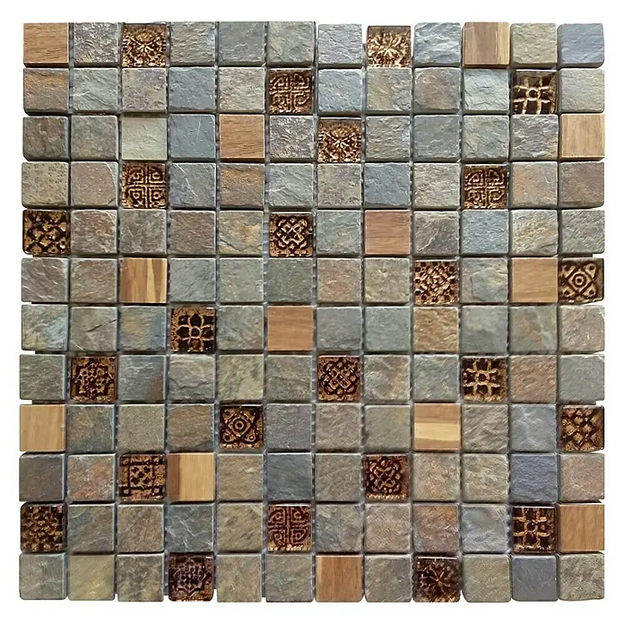 Malla mosaico Bamboo - 30 x 30 cm, Multicolor - Primer plano de un mosaico cuadrado de piedra, madera y azulejos decorativos, ideal para baños o cocinas.