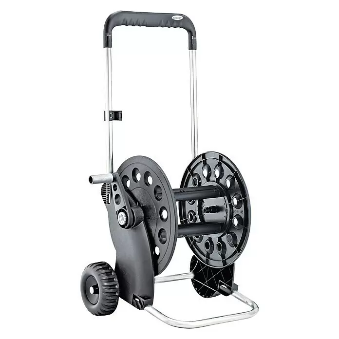 Claber Carro portamangueras Ecosei - Plástico/metal, Capacidad de manguera: 50 m, 15 mm (⁵⁄₈'') - Carro portamanguera negro y plateado con ruedas grandes y manivela para fácil manejo y transporte de manguera.