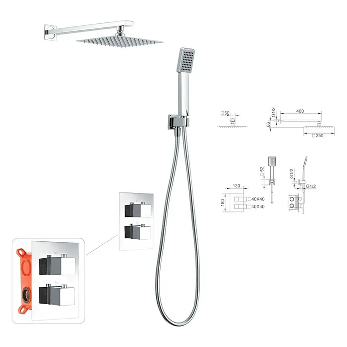 Imex Sistema de ducha empotrado Cies - Con grifo termostático, Cromo - Imagen del producto de un moderno conjunto de ducha con cabezal, ducha de mano y elementos de control con dimensiones.