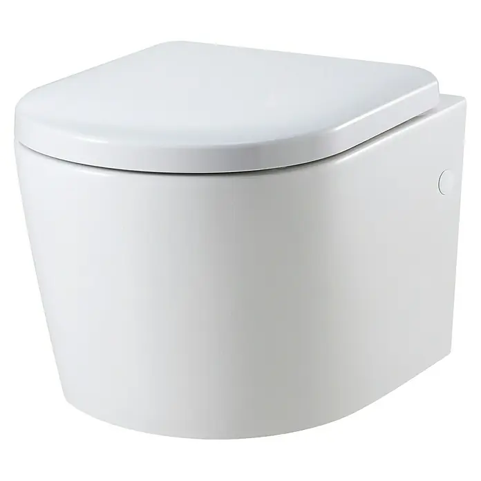 Camargue Paris Wand-WC - Spülrandlos, Ohne Spezialglasur, Spülform: Tief, WC Abgang: Waagerecht, Weiß - Wandhängendes WC aus glattem, weißem Keramik mit einem abgerundeten Design für ein modernes Badezimmer.