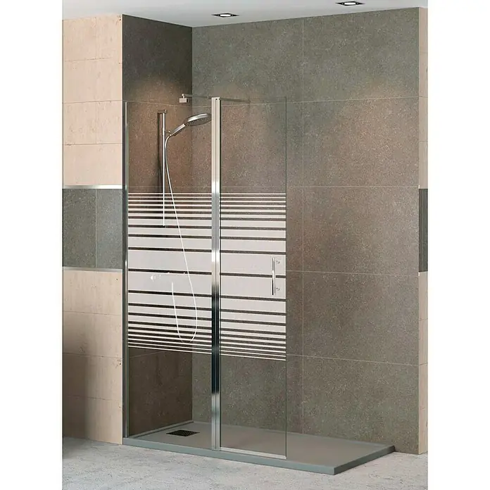 Torvisco Mampara de ducha Walk-In Milán - 120 x 195 cm, Cromo, Espesor de vidrio: 6 mm - Cabina de ducha moderna con diseño de vidrio de rayas horizontales, marco cromado y ducha de lluvia para un ambiente de baño elegante.