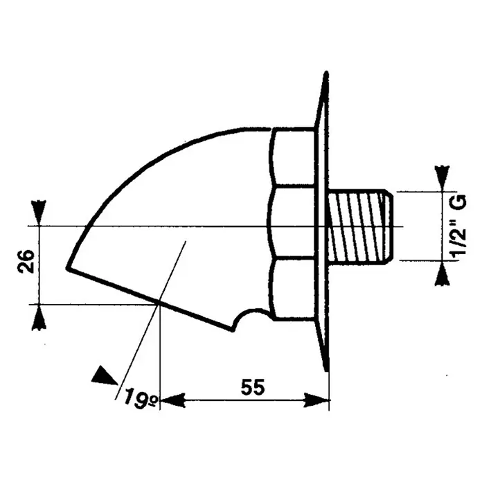 Rociador de ducha antivandálico - Cromo - Dibujo técnico de una válvula angular con dimensiones y especificación de rosca, mostrado detalladamente y con precisión.