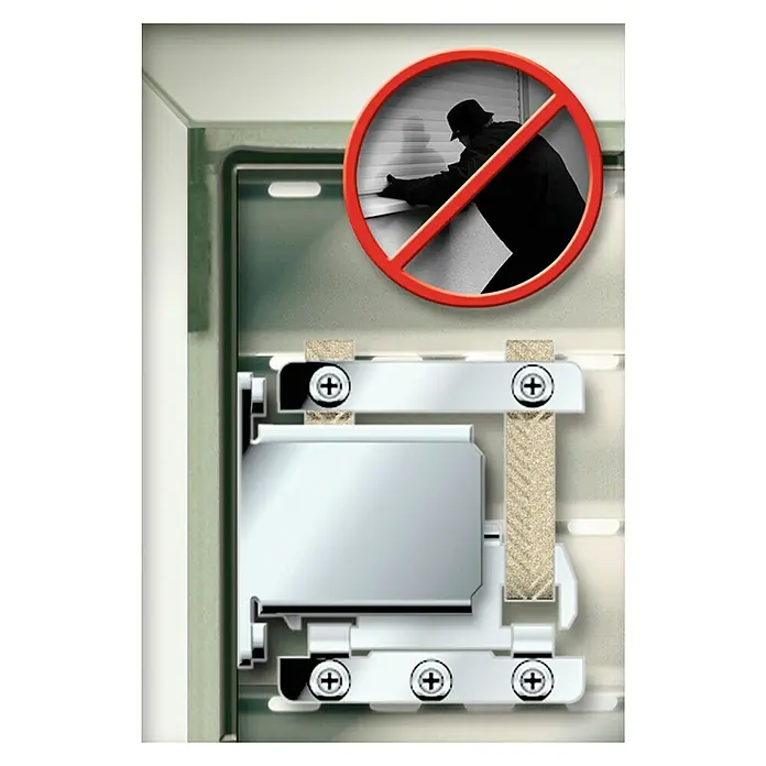 Schellenberg Protección antirrobo para persianas - 2 ud., Acero inoxidable, Apto para: Maxi sistemas de persianas enrollables - Primer plano de una persiana de seguridad con un símbolo antirrobo, que muestra el diseño robusto y las características de seguridad del producto.