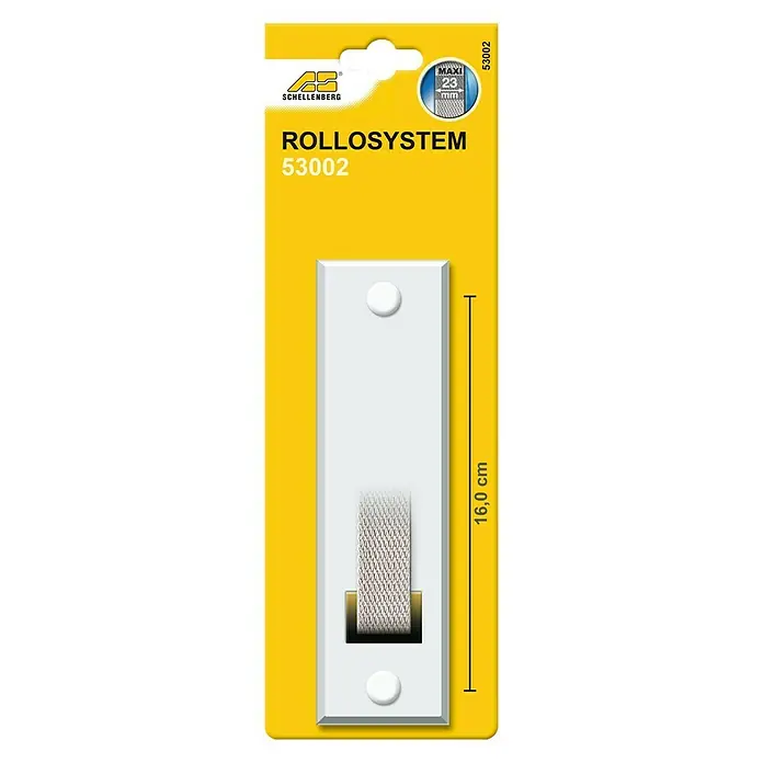 Schellenberg Embellecedor 53002 - Plástico, Blanco - Imagen del producto: Schellenberg RolloSystem 53002 para cintas de persiana de hasta máx. 23 mm de ancho y 16 cm de largo, sobre fondo amarillo.