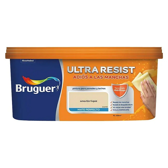 Bruguer Ultra Resist Pintura para paredes - Amarillo fugaz, Mate, 4 l - Un bote de pintura Bruguer Ultra Resist en amarillo "Amarillo Fugaz". La pintura es resistente a las manchas y muy duradera, apta para paredes y techos.