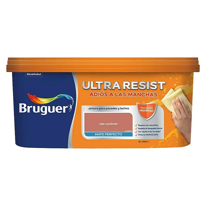 Bruguer Ultra Resist Pintura para paredes - Rojo carácter, Mate, 4 l - En la imagen se muestra un cubo de pintura Bruguer Ultra Resist de color rojo. La pintura es para paredes y techos y resistente a las manchas.