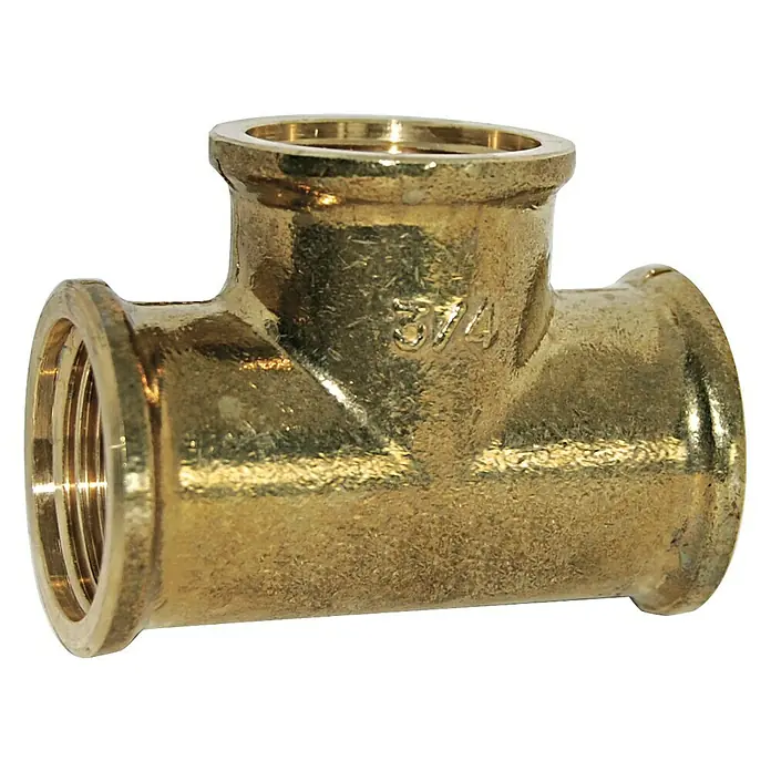 T-Stück - ¾″, Messing, Blank - Ein goldenes T-Stück aus Messing, ein hochwertiges Sanitärprodukt für zuverlässige Rohrverbindungen. Ideal für Installationen.
